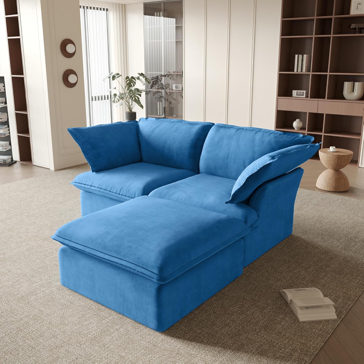 Sabi Modular Boucle Cloud Sofa - Blue - Single Seater Sofa with Ottoman - Nuvé