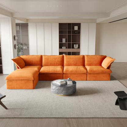 Sabi Modular Boucle Cloud Sofa- Orange - Single Seater Sofa with Ottoman - Nuvé