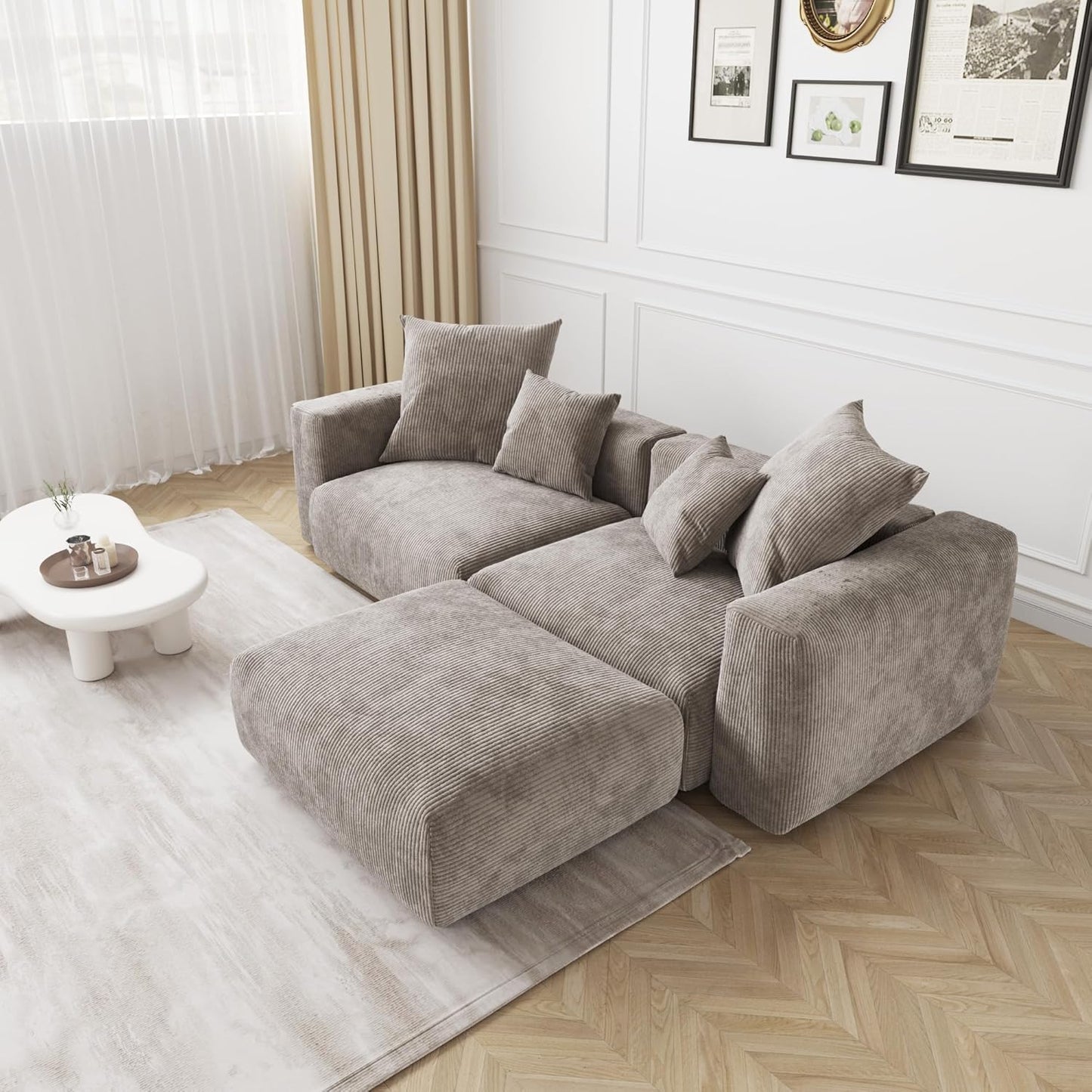 Kanso Corduroy Modular Bouclé Cloud Couch - Brown - 2-Seater Sectional Sofa with Ottoman - Nuvé