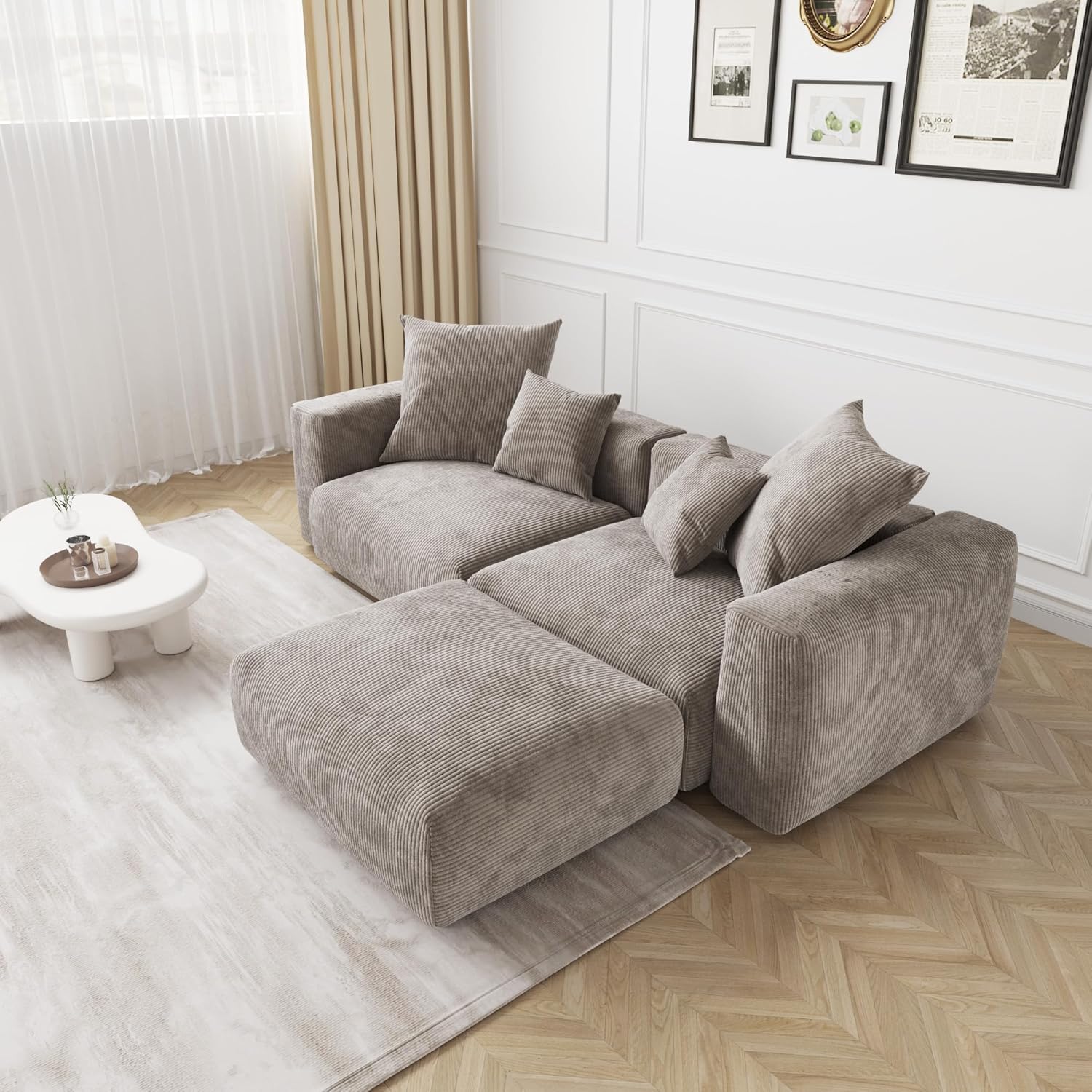 Kanso Corduroy Modular Bouclé Cloud Couch - Brown - 2-Seater Sectional Sofa with Ottoman - Nuvé