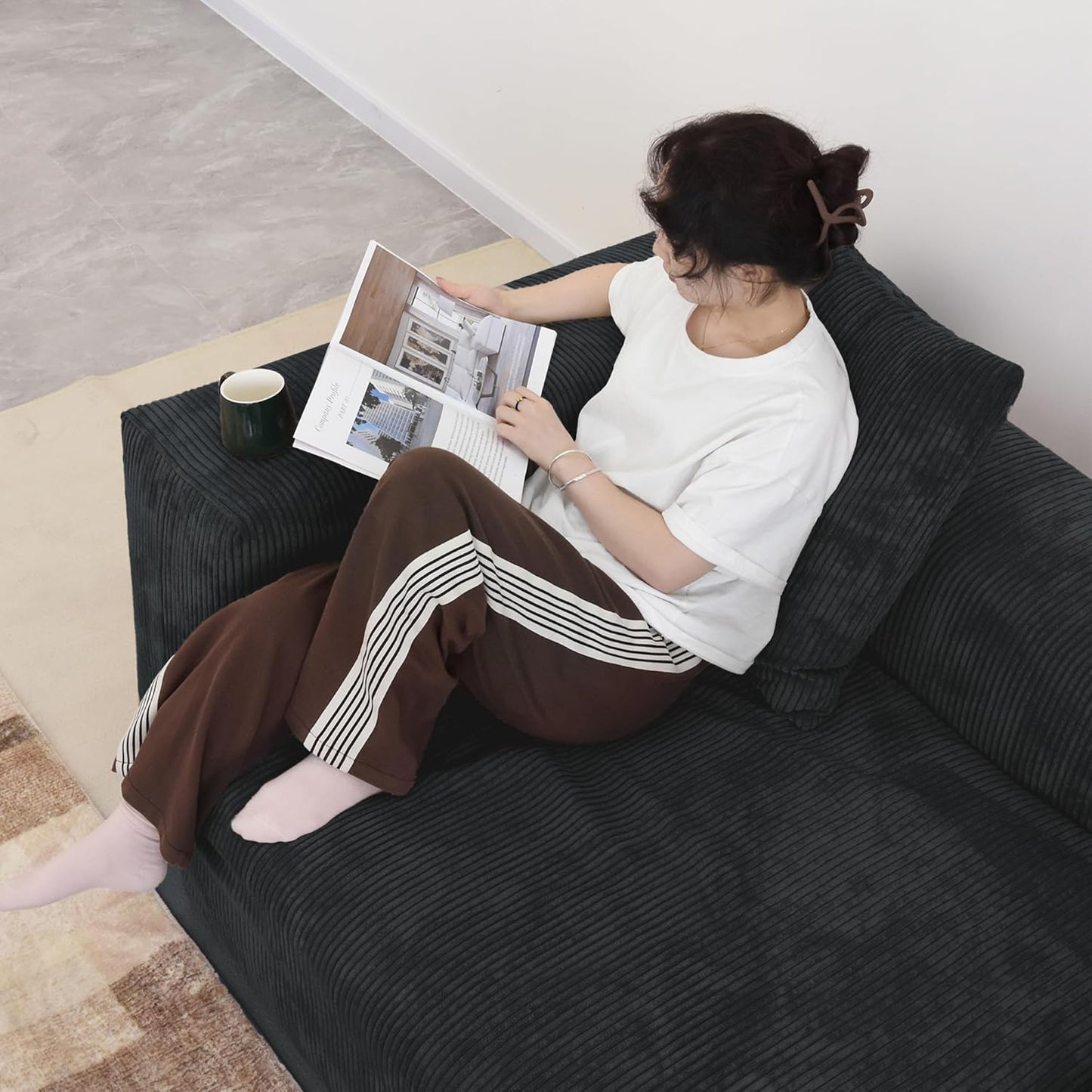 Kanso Corduroy Modular Bouclé Cloud Couch - Black - 3-Seater Sectional Sofa with 2 Ottomans - Nuvé