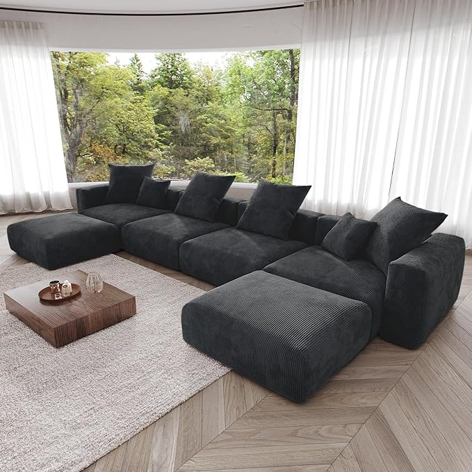 Kanso Corduroy Modular Bouclé Cloud Couch - Black - 4-Seater Sectional Sofa with 2 Ottomans - Nuvé