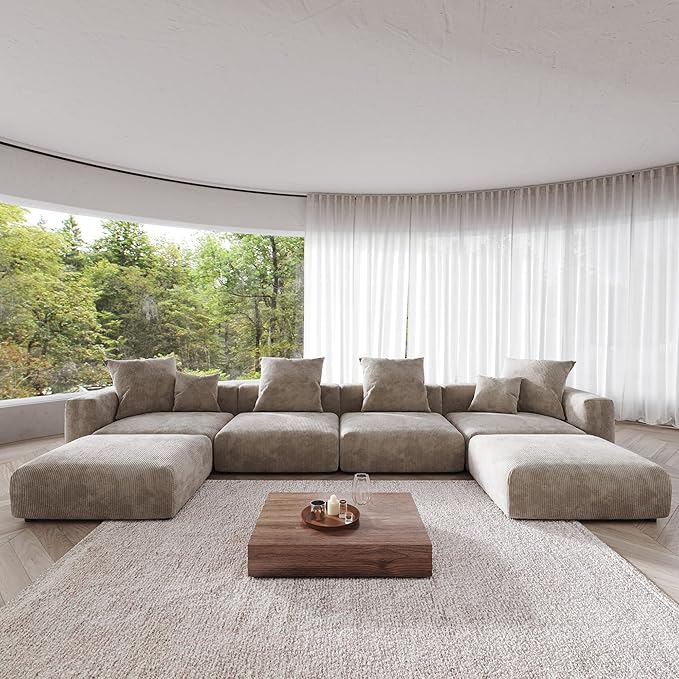 Kanso Corduroy Modular Bouclé Cloud Couch - Brown - 4-Seater Sectional Sofa with 2 Ottomans - Nuvé