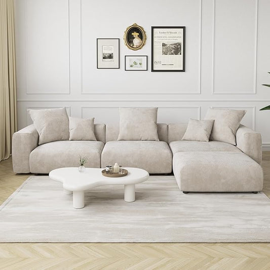 Kanso Corduroy Modular Bouclé Cloud Couch - Beige - 3-Seater Sectional Sofa with Ottoman - Nuvé