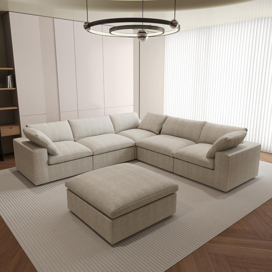 Nuvé® Solace Modular Bouclé Cloud Sofa - Khaki - 5-Seater Corner + Ottoman - Nuvé