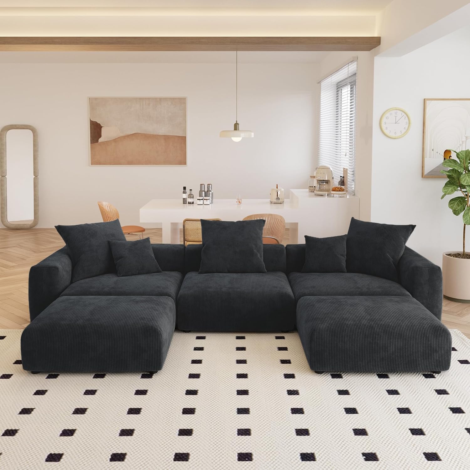Kanso Corduroy Modular Bouclé Cloud Couch - Black - 3-Seater Sectional Sofa with 2 Ottomans - Nuvé