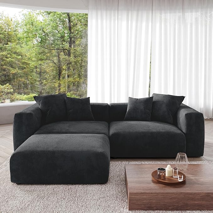 Kanso Corduroy Modular Bouclé Cloud Couch - Black - 2-Seater Sectional Sofa with Ottoman - Nuvé