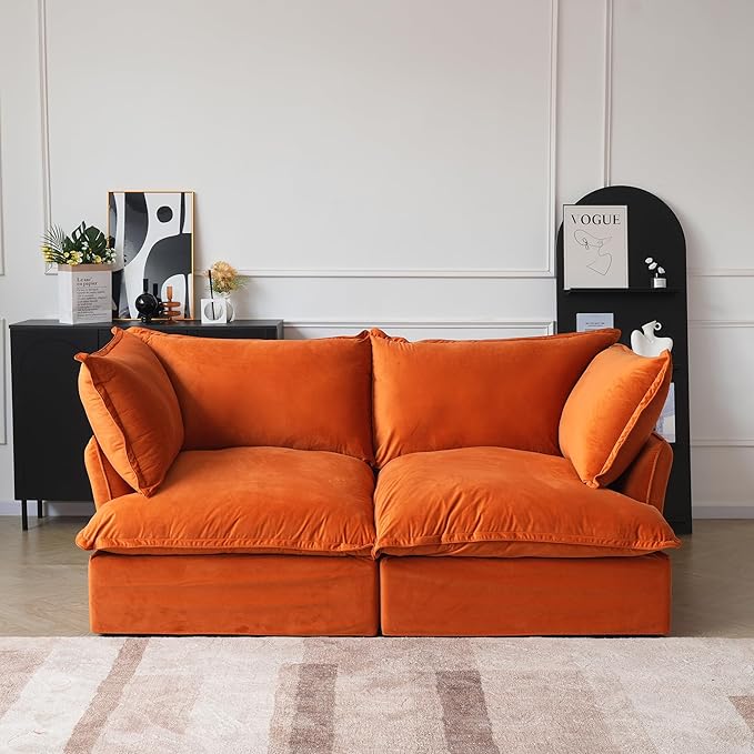 Sabi Modular Boucle Cloud Sofa- Orange - Single Seater Sofa with Ottoman - Nuvé