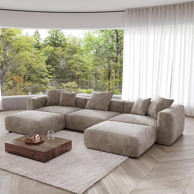 Kanso Corduroy Modular Bouclé Cloud Couch - Brown - 3-Seater Sectional Sofa with 2 Ottomans - Nuvé