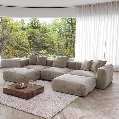 Kanso Corduroy Modular Bouclé Cloud Couch - Brown - 3-Seater Sectional Sofa with 2 Ottomans - Nuvé