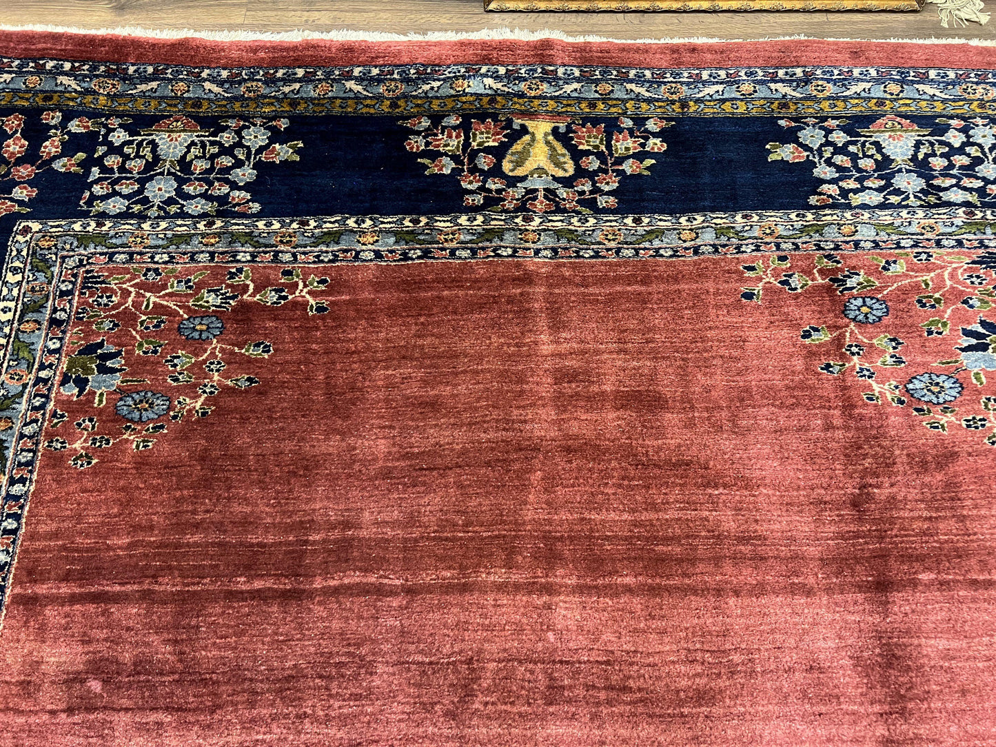 Large Persian Sarouk Rug 10x17, Open Field, Red and Navy Blue, Palace Sized Oversized Hand Knotted Wool Oriental Carpet Flowers Vases Antique 1920s - Nuvé