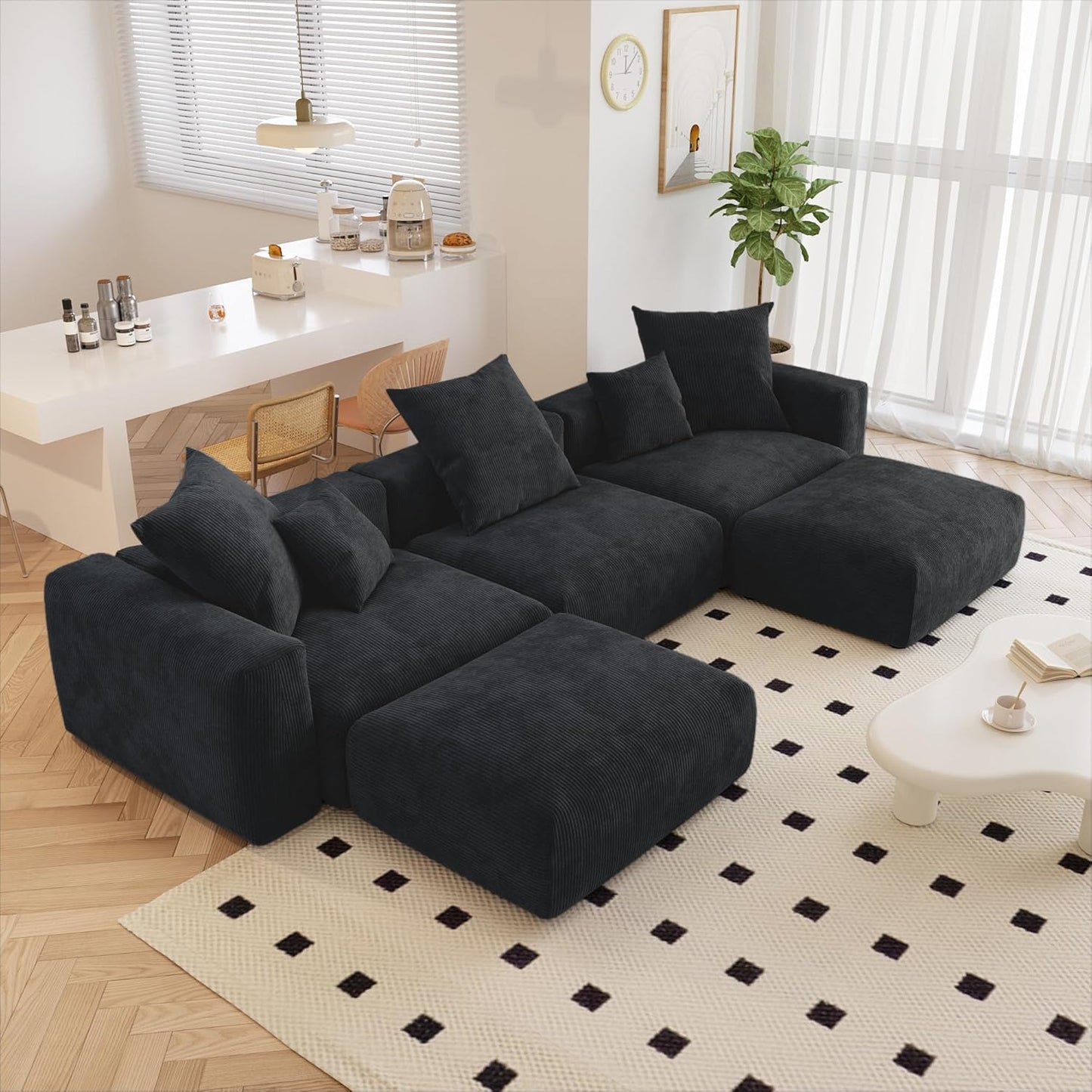 Kanso Corduroy Modular Bouclé Cloud Couch - Black - 3-Seater Sectional Sofa with 2 Ottomans - Nuvé