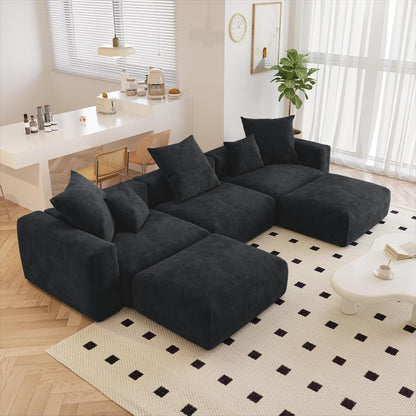 Kanso Corduroy Modular Bouclé Cloud Couch - Black - 3-Seater Sectional Sofa with 2 Ottomans - Nuvé
