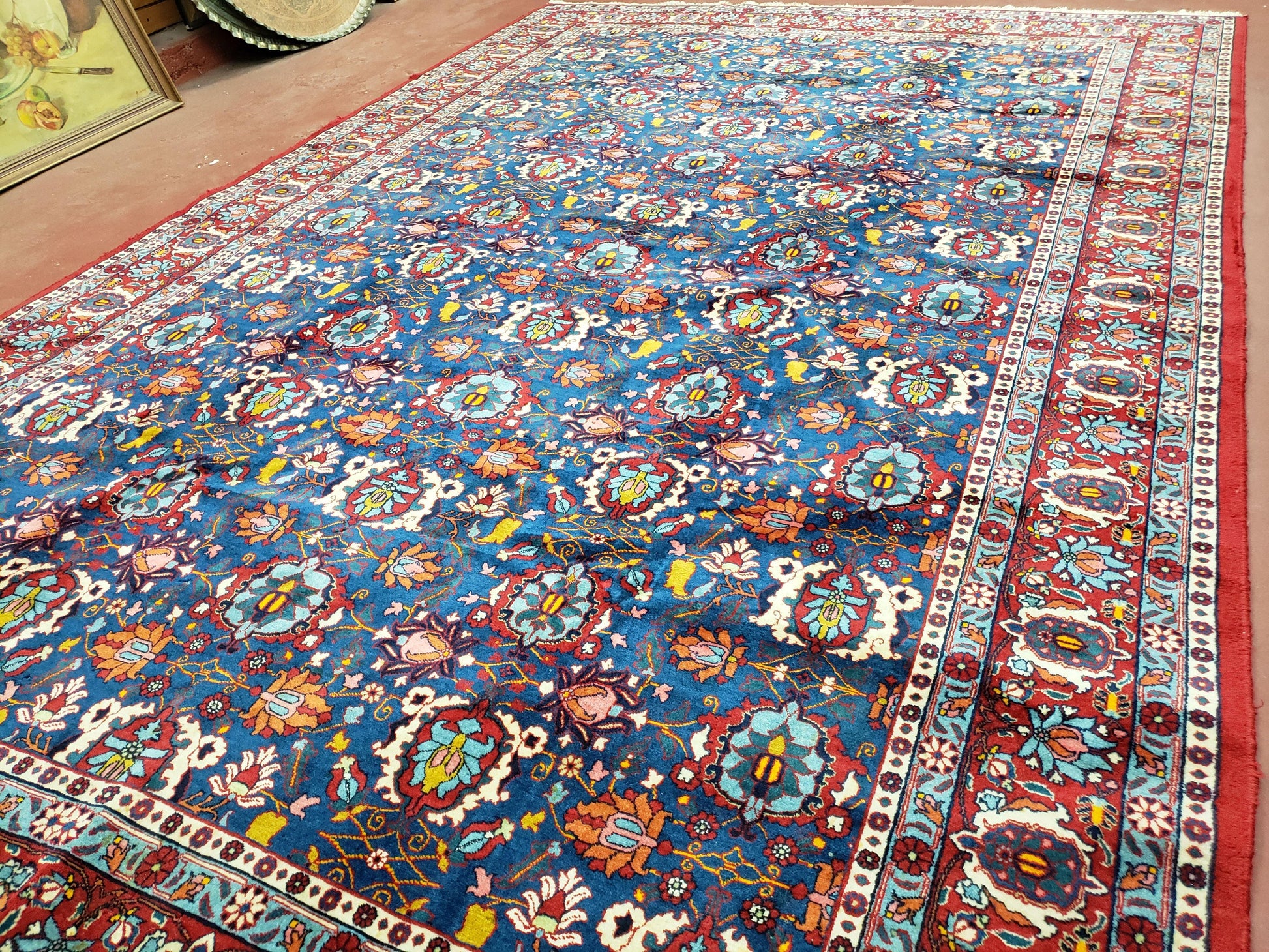 Rare Antique Persian Veramin Carpet, Mina-Khani Pattern, Blue, Red, Ivory, 7x11 ft, Hand-Knotted, Wool - Nuvé