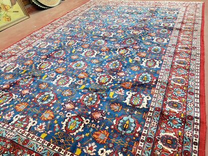 Rare Antique Persian Veramin Carpet, Mina-Khani Pattern, Blue, Red, Ivory, 7x11 ft, Hand-Knotted, Wool - Nuvé