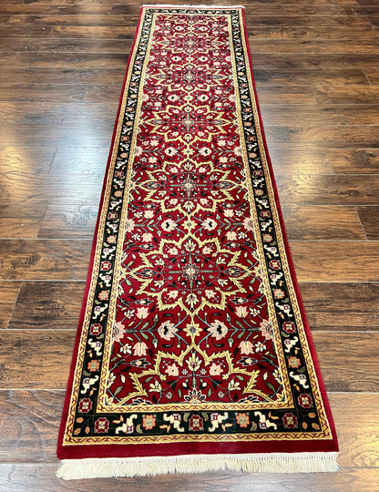 Indo Sarouk Runner Rug 2.6 x 10 ft, Floral Hand Knotted Wool Handmade Vintage Indian Hallway Rug, Red Tan Black, 10ft Persian Runner - Nuvé