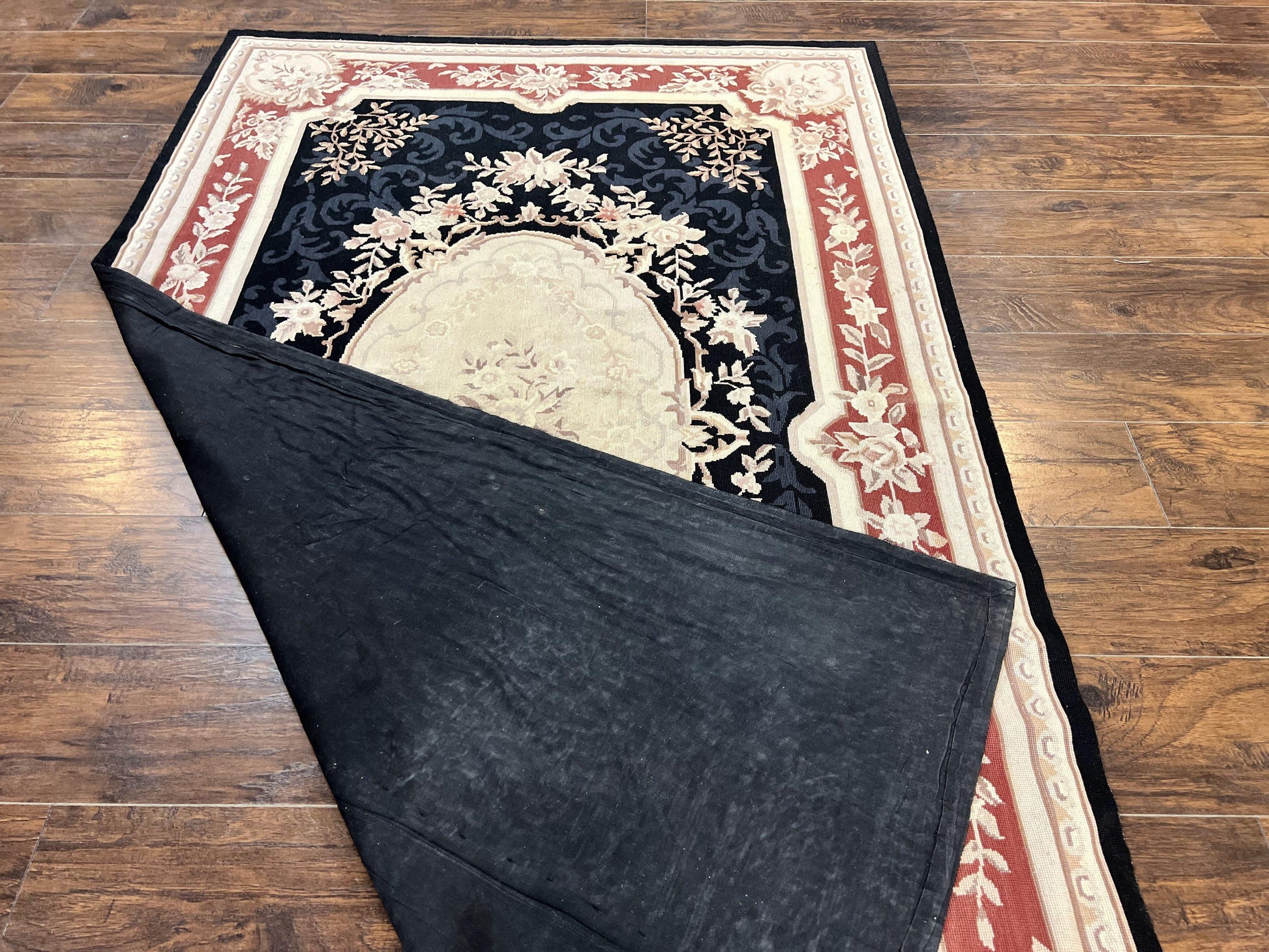 Needlepoint Rug 5x8, Wool Handmade Vintage European Design Carpet, Black & Maroon, French Aubusson Pattern Flatweave Rug - Nuvé
