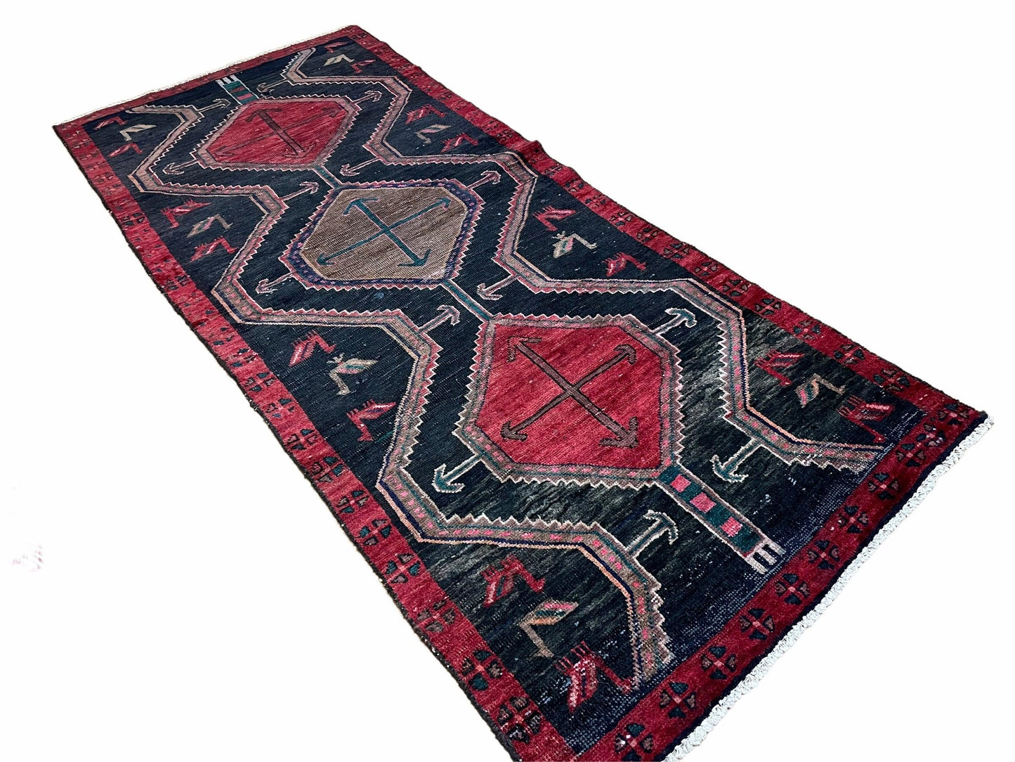 3 X 7 Handmade Wool Tribal Runner Rug Geometric Red Blue Boho Organic Dyes - Nuvé