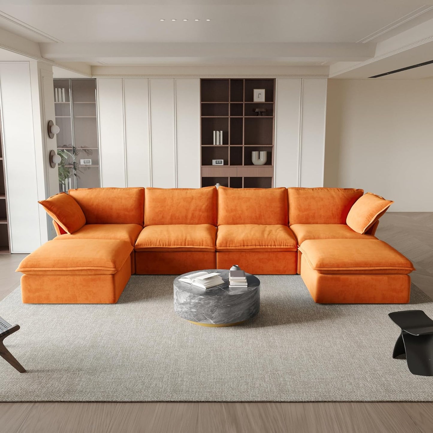 Sabi Modular Boucle Cloud Sofa - Orange - 4-Seater Sectional Sofa with 2 Ottomans - Nuvé
