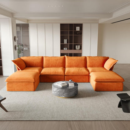 Sabi Modular Boucle Cloud Sofa - Orange - 4-Seater Sectional Sofa with 2 Ottomans - Nuvé