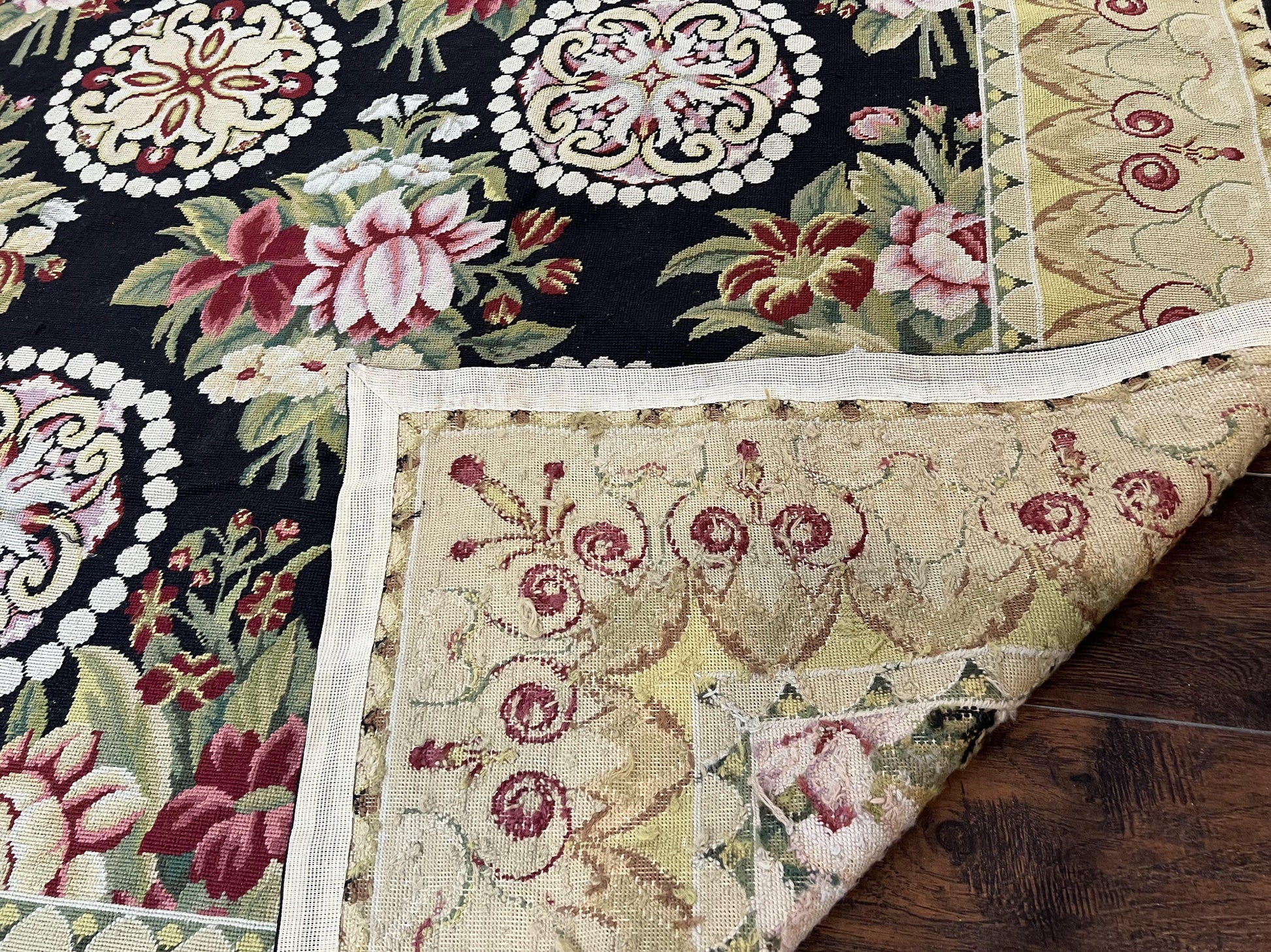 9x12 Black Needlepoint Rug, European Floral Panel Design, Handwoven, Vintage Chinese Needlepoint, Black Green Beige, Wool Rug 9 x 12 - Nuvé
