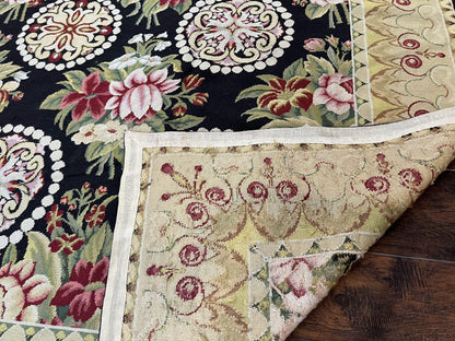 9x12 Black Needlepoint Rug, European Floral Panel Design, Handwoven, Vintage Chinese Needlepoint, Black Green Beige, Wool Rug 9 x 12 - Nuvé