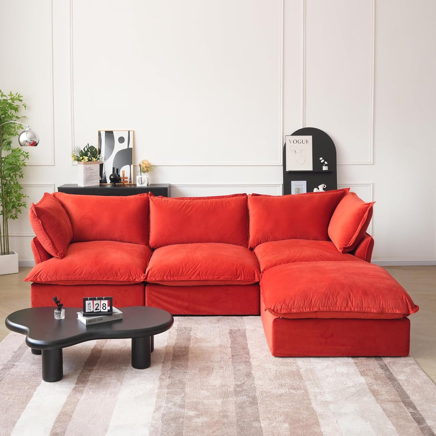 Sabi Modular Boucle Cloud Sofa - Red - 3-Seater Sectional Sofa with Ottoman - Nuvé