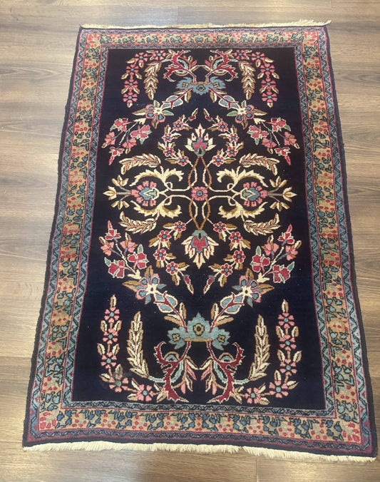 Antique Persian Kerman Rug 2.8 x 4, Navy Blue, Floral - Nuvé