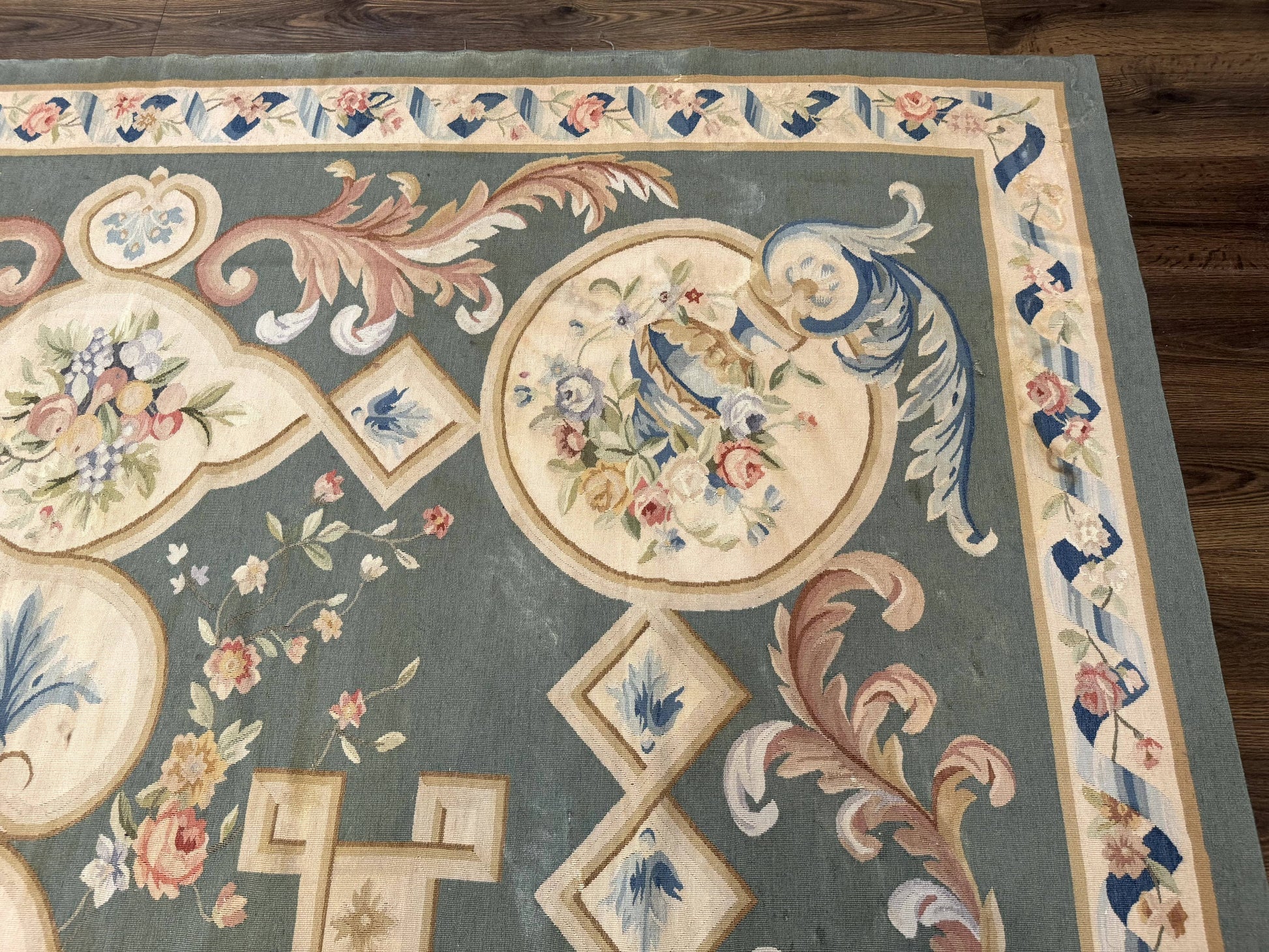 Aubusson Rug 9x12, Muted Sage Green and Cream, European Design - Nuvé