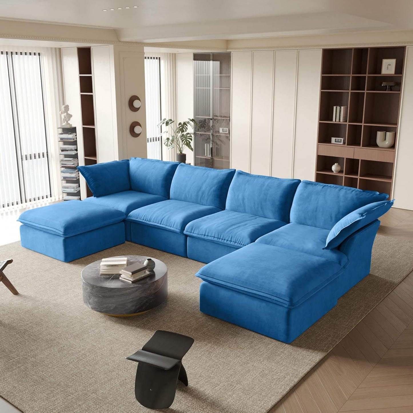 Sabi Modular Boucle Cloud Sofa - Blue - 4-Seater Sectional Sofa with 2 Ottomans - Nuvé