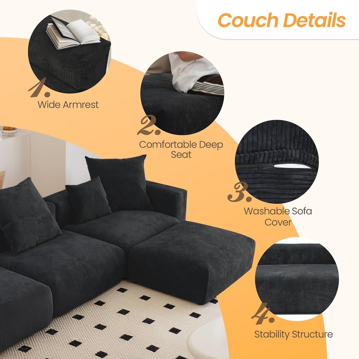 Kanso Corduroy Modular Bouclé Cloud Couch - Black - 3-Seater Sectional Sofa with 2 Ottomans - Nuvé
