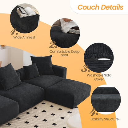 Kanso Corduroy Modular Bouclé Cloud Couch - Black - 3-Seater Sectional Sofa with 2 Ottomans - Nuvé