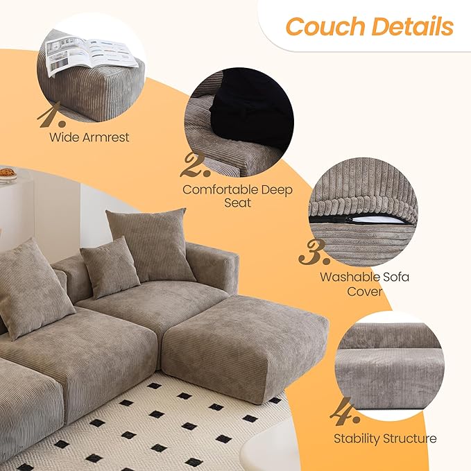 Kanso Corduroy Modular Bouclé Cloud Couch - Brown - 3-Seater Sectional Sofa with 2 Ottomans - Nuvé