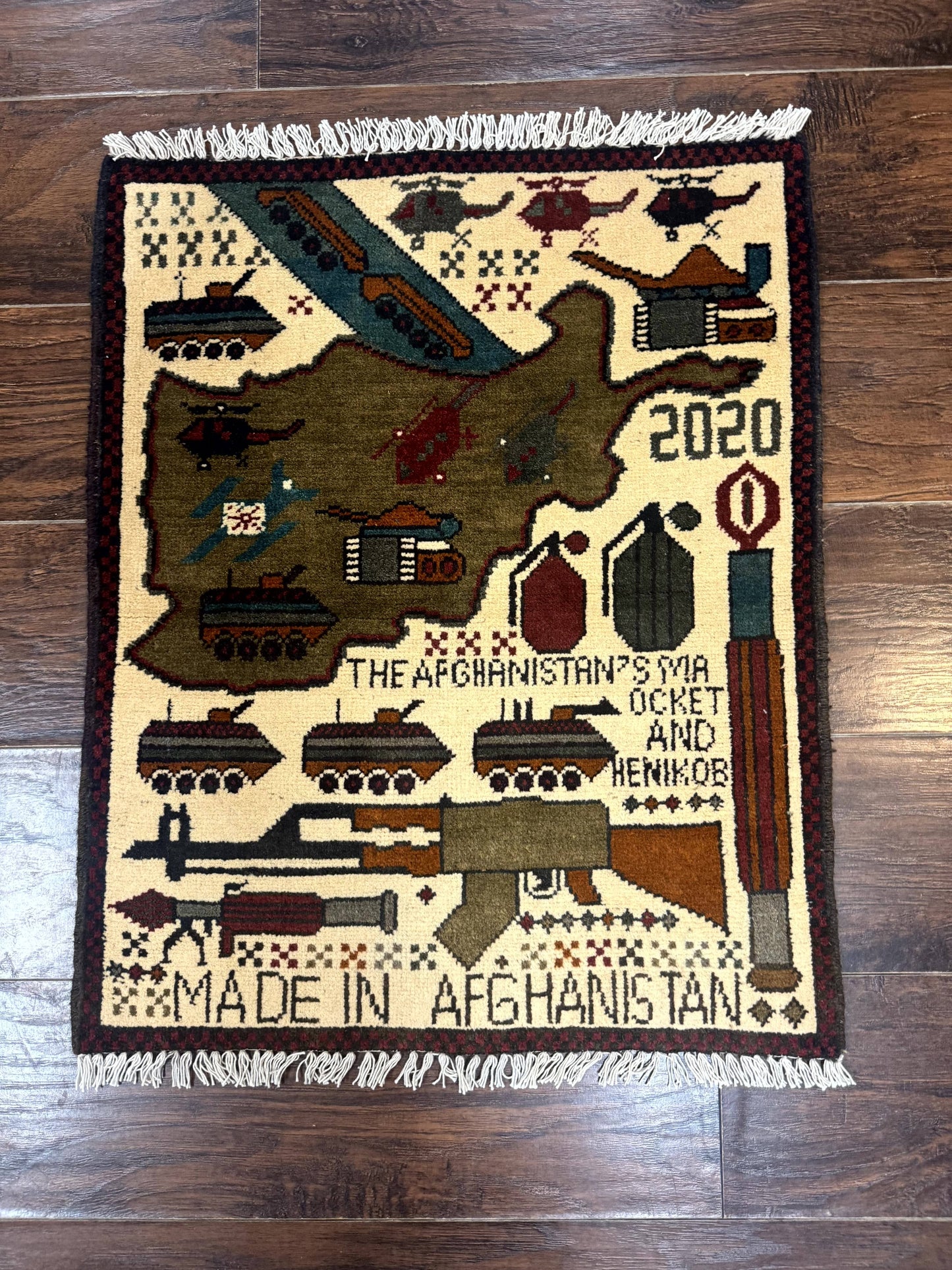 Afghan War Rug, Helicopters Tanks Guns, Handmade, Wool, 2x3 - Nuvé