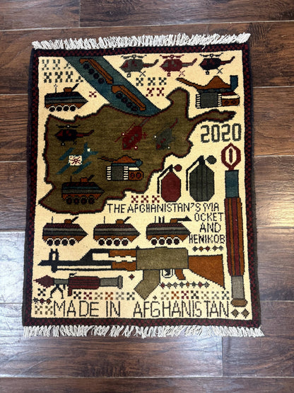 Afghan War Rug, Helicopters Tanks Guns, Handmade, Wool, 2x3 - Nuvé