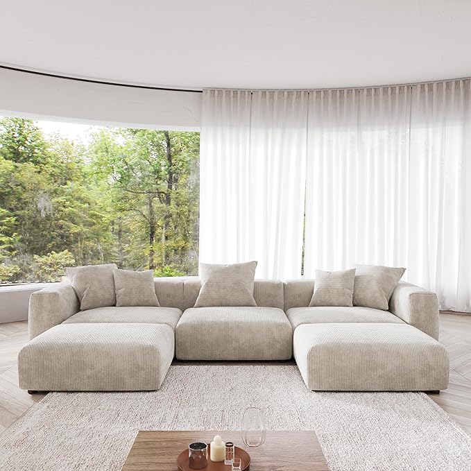 Kanso Corduroy Modular Bouclé Cloud Couch - Beige - 3-Seater Sectional Sofa with 2 Ottomans - Nuvé