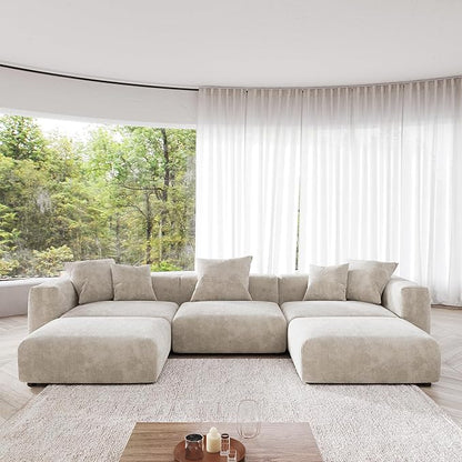 Kanso Corduroy Modular Bouclé Cloud Couch - Beige - 3-Seater Sectional Sofa with 2 Ottomans - Nuvé