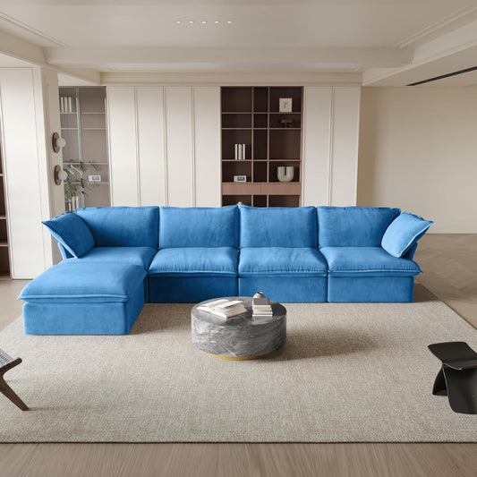 Sabi Modular Boucle Cloud Sofa - Blue - 4-Seater Sectional Sofa with Ottoman - Nuvé