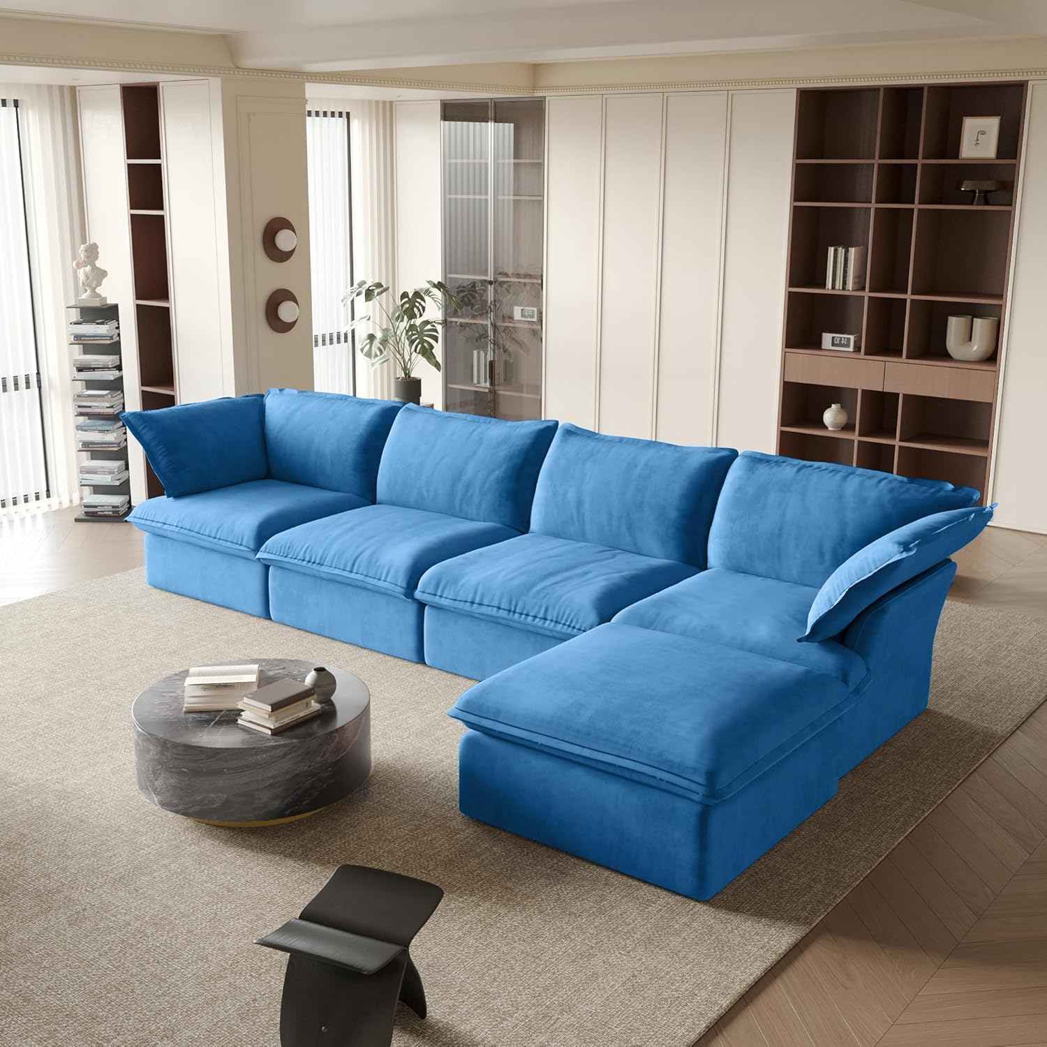 Sabi Modular Boucle Cloud Sofa - Blue - 4-Seater Sectional Sofa with Ottoman - Nuvé