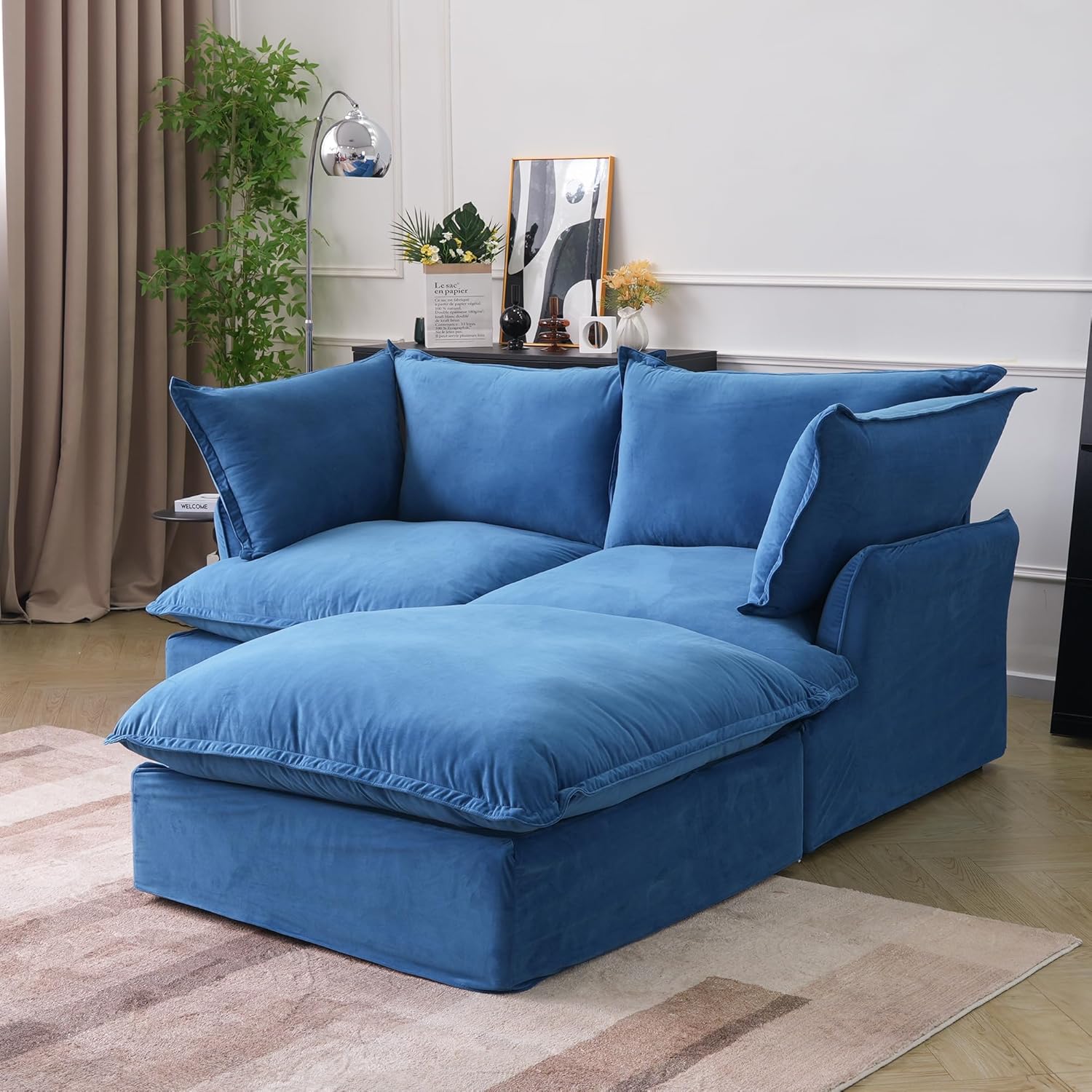 Sabi Modular Boucle Cloud Sofa - Blue - Single Seater Sofa with Ottoman - Nuvé