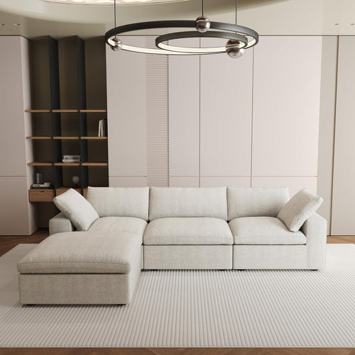 Nuvé® Solace Modular Bouclé Cloud Sofa - Khaki - 3-Seater Sectional Sofa with Ottoman - Nuvé
