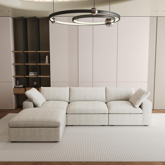 Nuvé® Solace Modular Bouclé Cloud Sofa - Khaki - 3-Seater Sectional Sofa with Ottoman - Nuvé