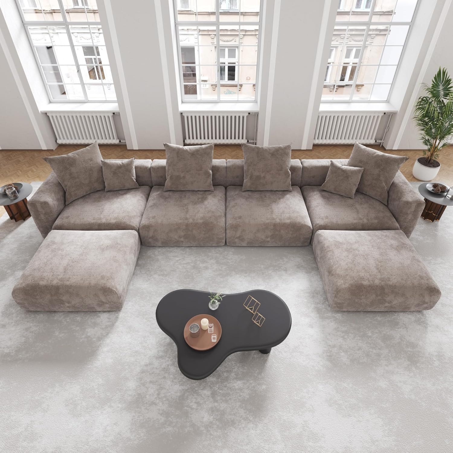 Kanso Corduroy Modular Bouclé Cloud Couch - Brown - 4-Seater Sectional Sofa with 2 Ottomans - Nuvé