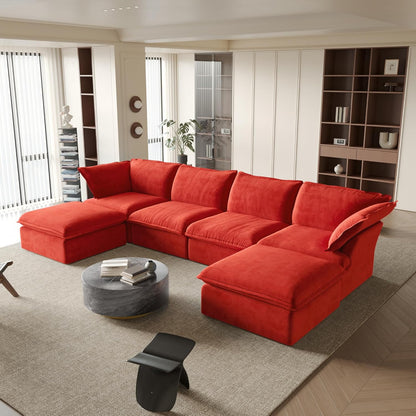 Sabi Modular Boucle Cloud Sofa - Red - 4-Seater Sectional Sofa with 2 Ottomans - Nuvé