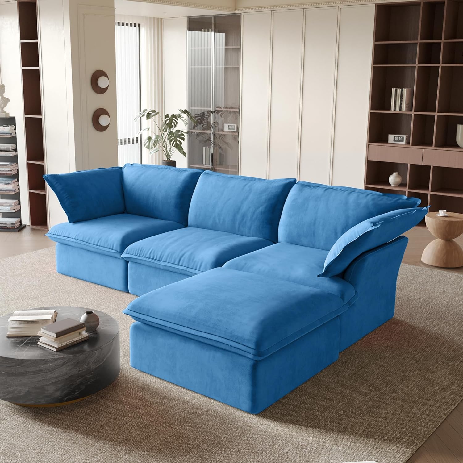 Sabi Modular Boucle Cloud Sofa - Blue - 3-Seater Sectional Sofa with Ottoman - Nuvé