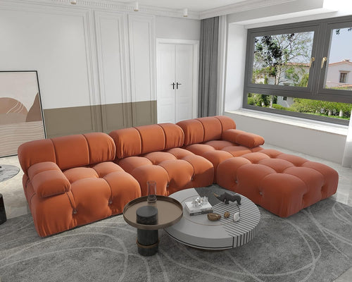 Nuvé® Takumi Velvet Modular Bouclé Cloud Sofa - Orange - 3-Seater Sofa with 1 Ottoman - Nuvé
