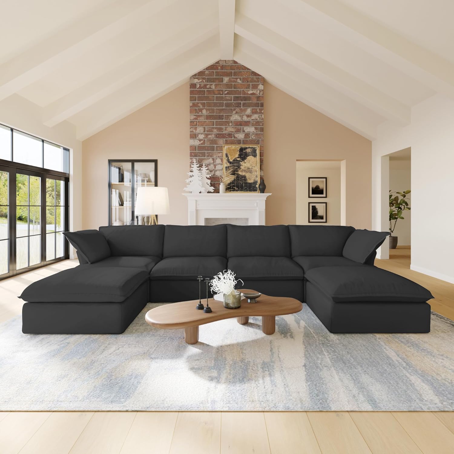 Sabi Modular Boucle Cloud Sofa - Obsidian Black - 4-Seater Sectional Sofa with 2 Ottomans - Nuvé