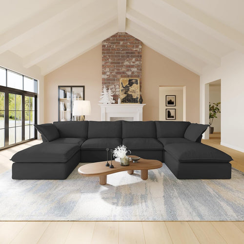 Sabi Modular Boucle Cloud Sofa - Obsidian Black - 4-Seater Sectional Sofa with 2 Ottomans - Nuvé