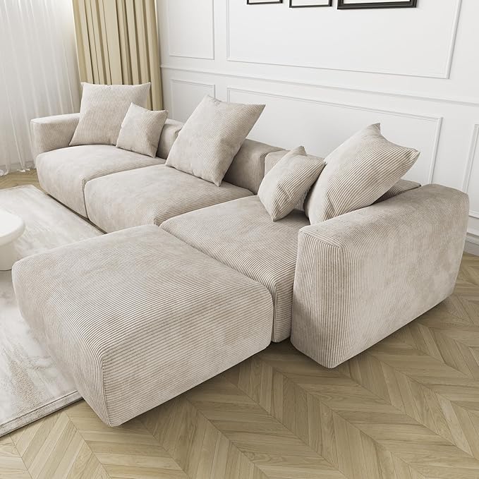 Kanso Corduroy Modular Bouclé Cloud Couch - Beige - 3-Seater Sectional Sofa with Ottoman - Nuvé
