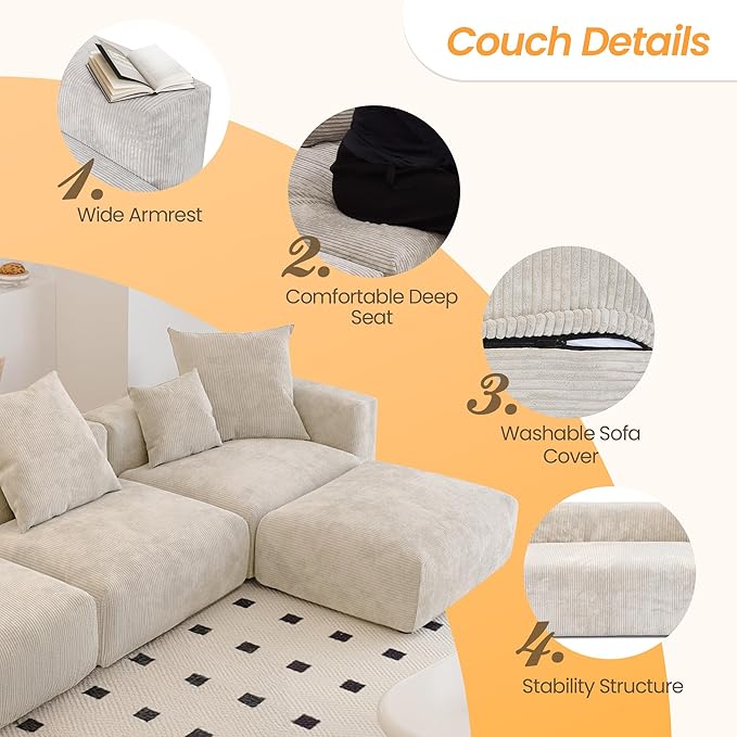 Kanso Corduroy Modular Bouclé Cloud Couch - Beige - 4-Seater Sectional Sofa with 2 Ottomans - Nuvé